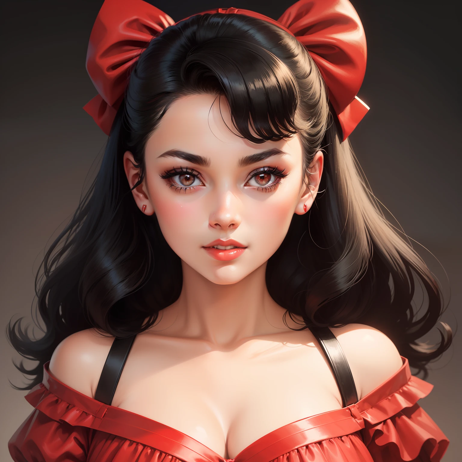 A closeup of a black-haired woman with a red bow on her head, 1950s illustration style, beautiful retro art, vector illustration