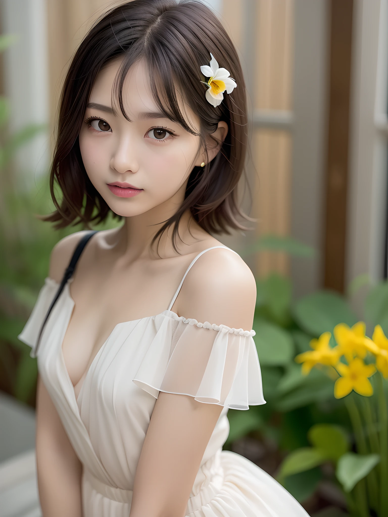 ((of the highest quality, 8K, masutepiece: 1.3, Raw photo)), Sharp Focus: 1.2, (1 AESPA Girl :1.1), (Solo: 1.2), (Realistic, Photorealistic: 1.37), (Face Focus: 1.1), Cute face, hyperdetailed face, Small breasts, flat chest, Short messy hair, Small Smile, (Off-the-shoulder chiffon dress, skirt: 1.3), office, look back, flower, iris