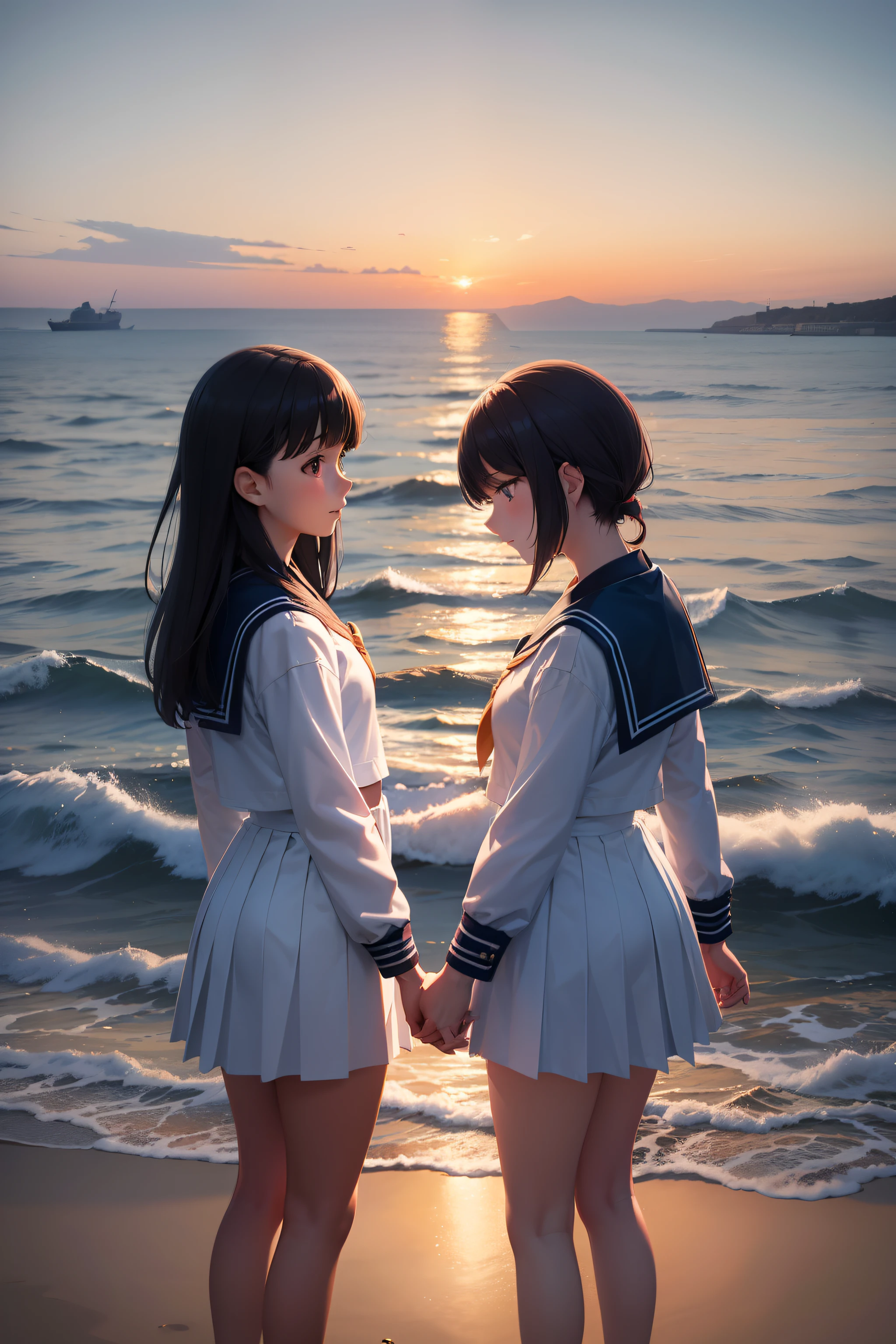 Two beautiful high school girls, Short hair, One long hair, a sailor suit, Hand in hand, sea beach, Beautiful sunset, Golden water, Panorama 1.2, first person perspective, style of anime, tmasterpiece, The is very detailed, best qualtiy, Cinematic lighting effects, Fuji colors, 4K