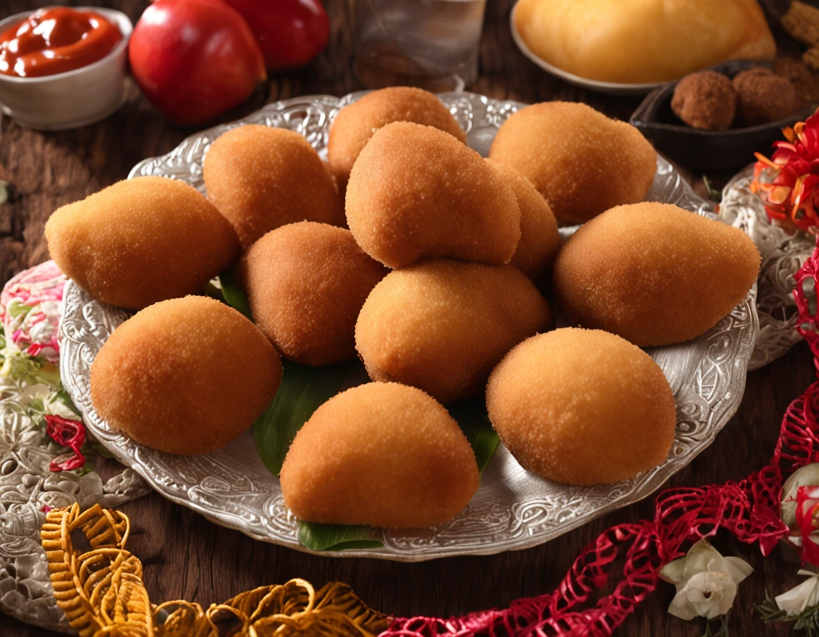 mesa com salgadinhos de festa brasileiros (coxinha, croquete, bolinho de carne)