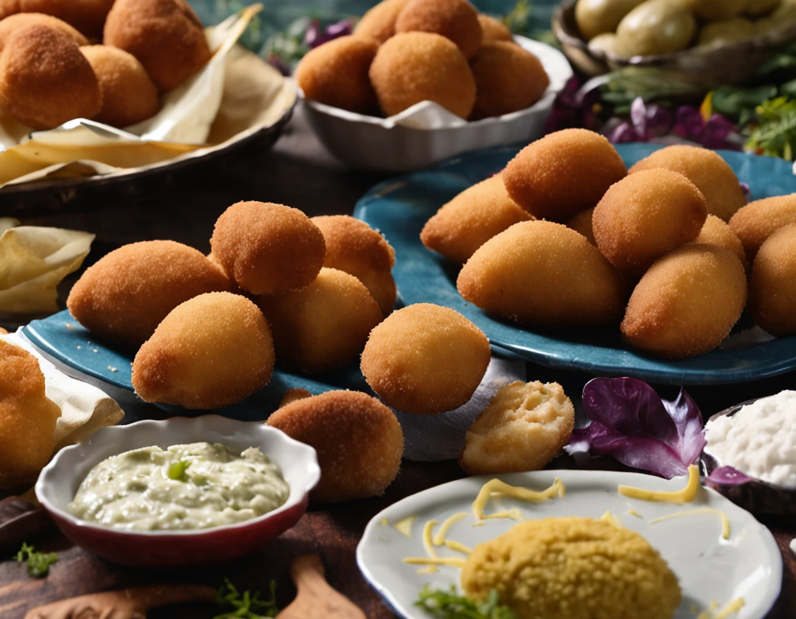mesa com salgadinhos de festa brasileiros (coxinha, croquete, bolinho de carne)