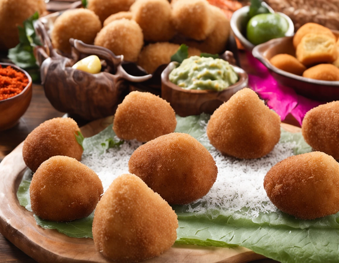 mesa com salgadinhos de festa brasileiros (coxinha, croquete, bolinho de carne)