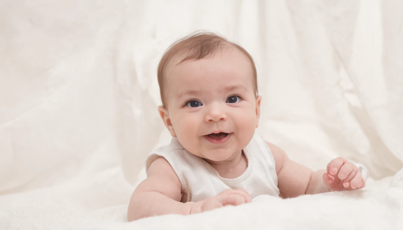 , 5 montite, smiling, lying in bed, in a diaper, with his hands on his feet