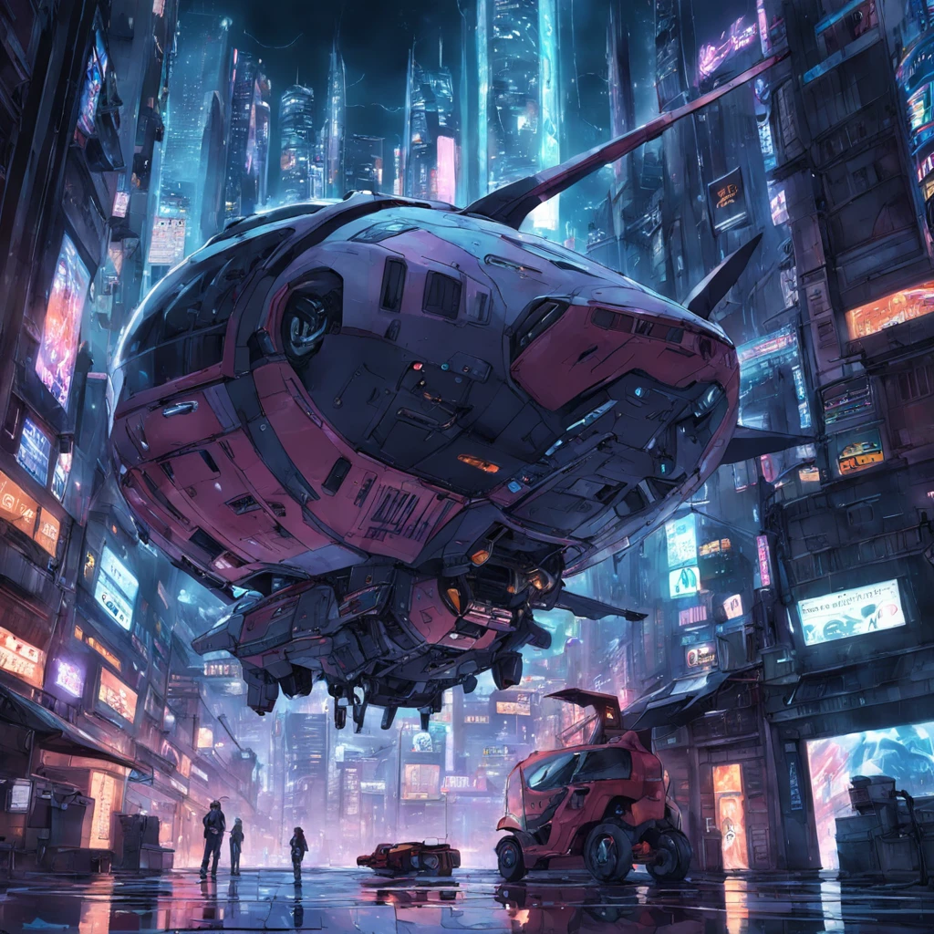 "obra maestra, mejor calidad, Still photography, una ciudad cyberpunk [ciberpunk], dos naves enormes volando sobre la ciudad [naves voladoras], es de noche y hay lluvia [noche lluviosa]".