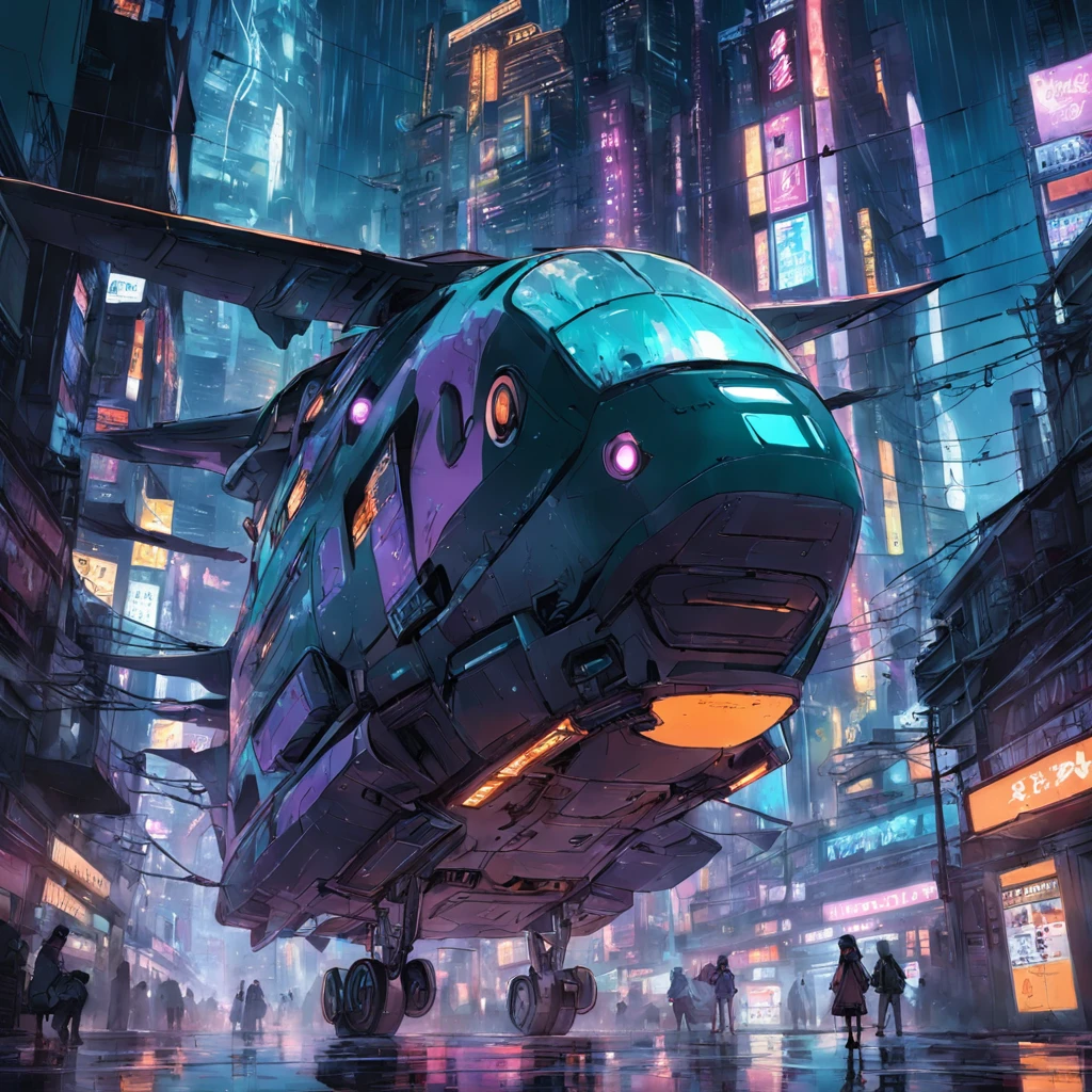 "obra maestra, mejor calidad, Still photography, una ciudad cyberpunk [ciberpunk], dos naves enormes volando sobre la ciudad [naves voladoras], es de noche y hay lluvia [noche lluviosa]".