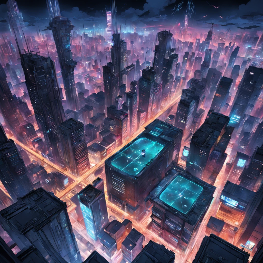 "obra maestra, mejor calidad, Still photography, una ciudad cyberpunk [ciberpunk], dos naves enormes volando sobre la ciudad [naves voladoras], es de noche y hay lluvia [noche lluviosa]".