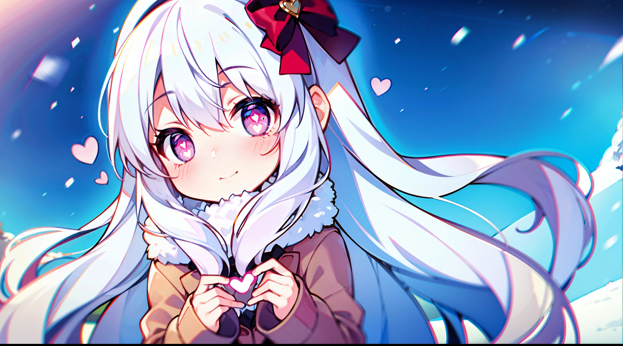 Lori, long hair, cute, heart-shaped pupils, solo, white hair, blush, winter, snow, outdoors