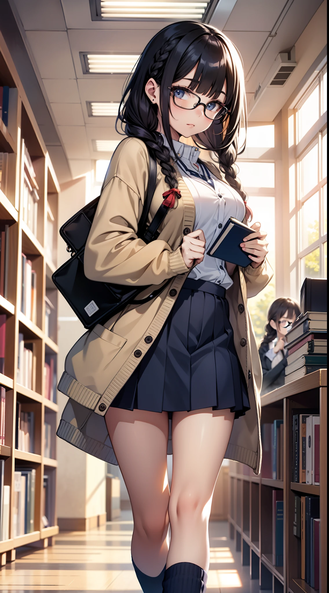 A baby-faced girl in her early teens with braids and glasses. Her bangs are moderately down. She is in the library, with sunlight piercing through the window. She is wearing a white cardigan and a navy blue miniskirt. The skirt is patterned like a school uniform. The cardigan is braided into a large, cute pattern. She is wearing leather shoes. She is holding a large book with both hands.