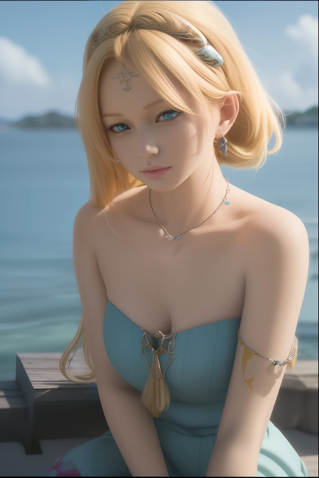 Blonde woman in blue dress sitting on a dock by the sea, Guviz-style artwork, Realistic anime 3 D style, Beautiful character painting, Smooth anime CG art, photorealistic anime girl rendering, Detailed digital anime art, Guviz, Fantasy art style, 2. 5 D CGI anime fantasy artwork, anime realism style, 8K high quality detailed art