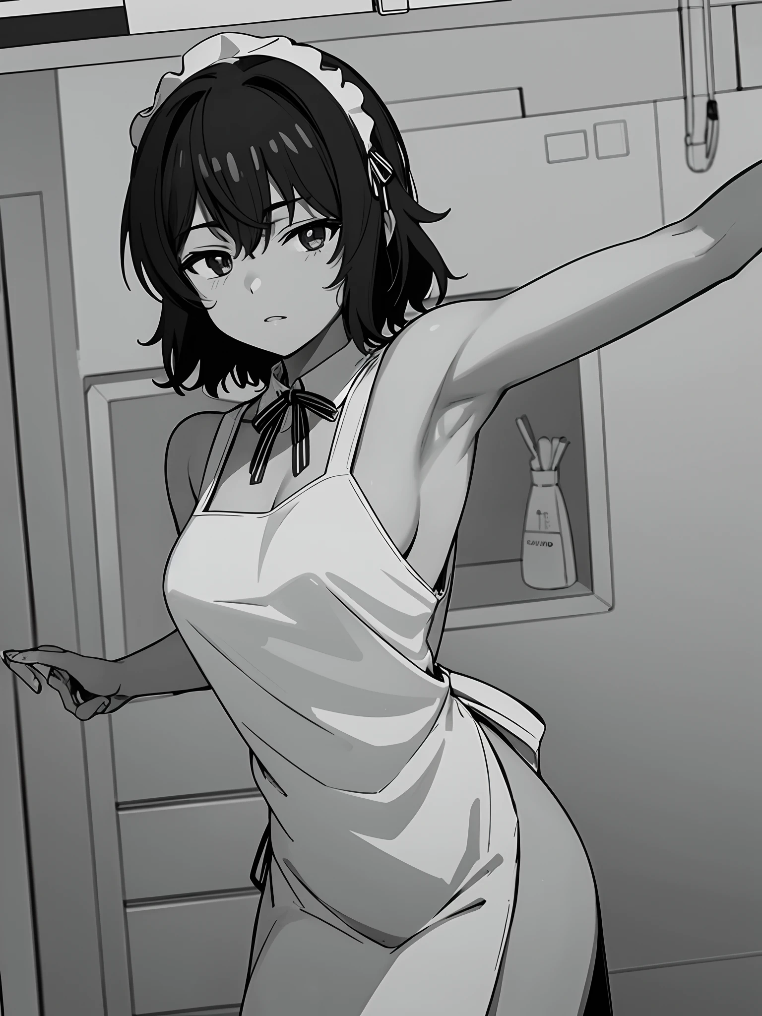 facing sideways, hand on weist, presenting armpit, (naked apron), looking to the side, ((detailed fingers, detailed hand, perfect fingers)),