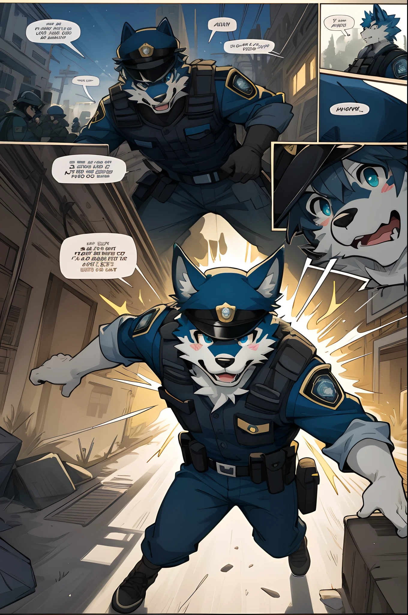 top quality, best quality, highres, masterpiece, super high resolution, detailed background, street, gasping for air(super handsome boys, dog)police officer, swat, police uniform, 6+boys, 6+girls, absurdres(highly detailed beautiful face and eyes)perfect anatomy, good lighting, cinematic shadow(kemono, furry anthro)assorted expressions, assorted poses, assorted angles, full body, upper shot, dynamic angle(boys comic-like panel layouts, speech balloon, English text, Hand-drawn sound effects stickers used in battle comic),