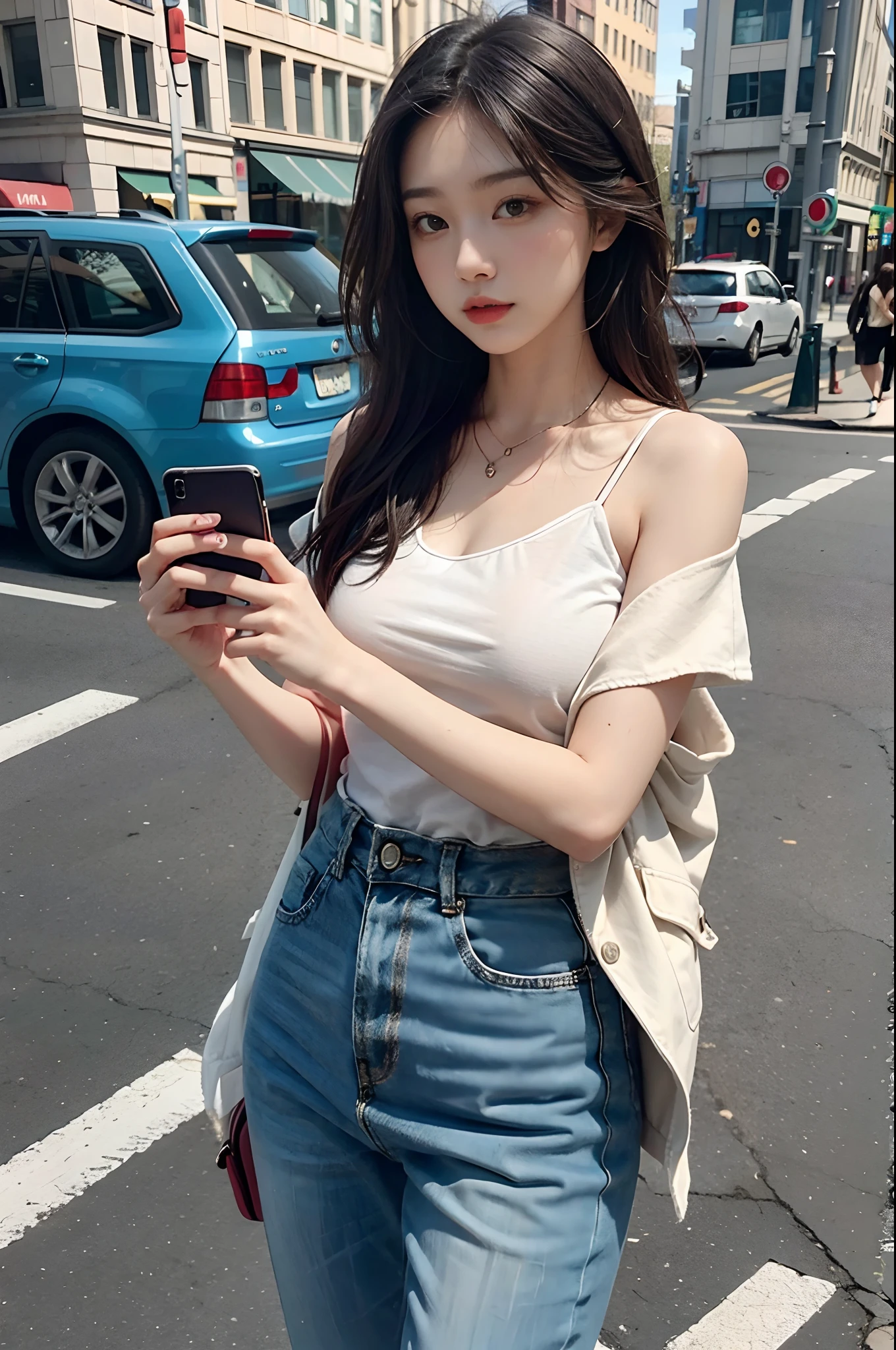 Fingers of the right hand hidden by the smartphone、Fingers of left hand hidden in hair