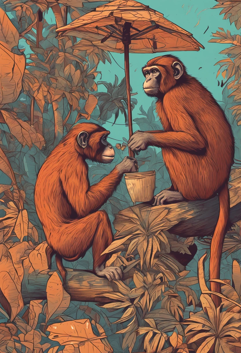(8K, RAW Photo, Top Quality, Refined Details, Masterpiece: 1.2), (High Resolution 8K Wallpaper), Sharp Focus, Professional Lighting, Depth of Field, Cinematic Lighting, Background Blur, (Draw a scene in which a monkey is making mixed juice using Blender in a lush jungle:1.5). The camera angle is low, capturing the monkey's humorous expression and concentration. The sun's rays filter through the gaps in the trees overhead, creating a pattern of sparkling light on the ground. In the background, colorful fruits are scattered, highlighting the natural beauty of the jungle. Generate images with an overall fun and lively atmosphere,