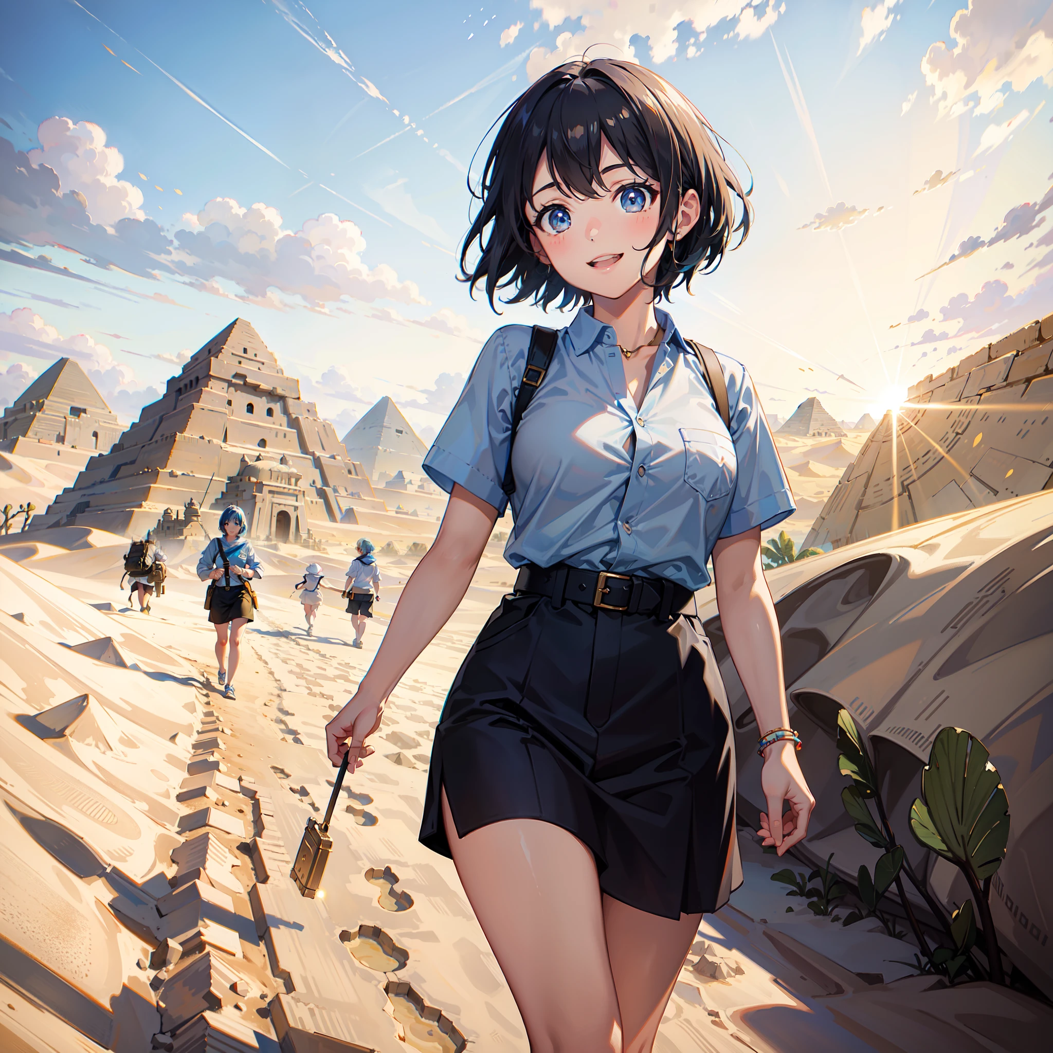 master piece, High quality, Best Detail, Woman with light blue short hair, big eye, Big smile, walking in the desert, Sand and dust, Pyramids, sightseeing