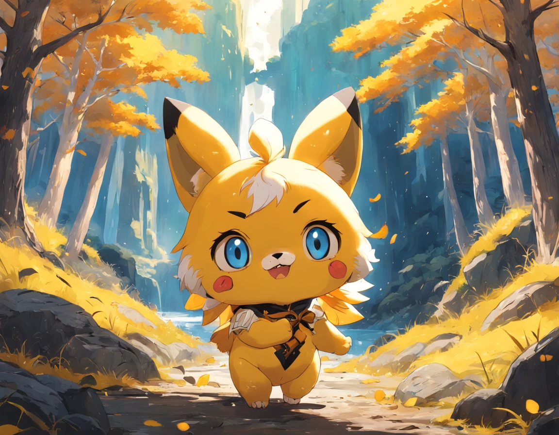 White and yellow mascot，It has the characteristics of eight uprisings culture，Distinctive features，Full body like，Rich in connotation，The background is woods， With unique creativity and design，Characteristics of the times Cute image，Great affinity and communicative power Cute little animal Furry，anime big breast，Contemporary art，UHD