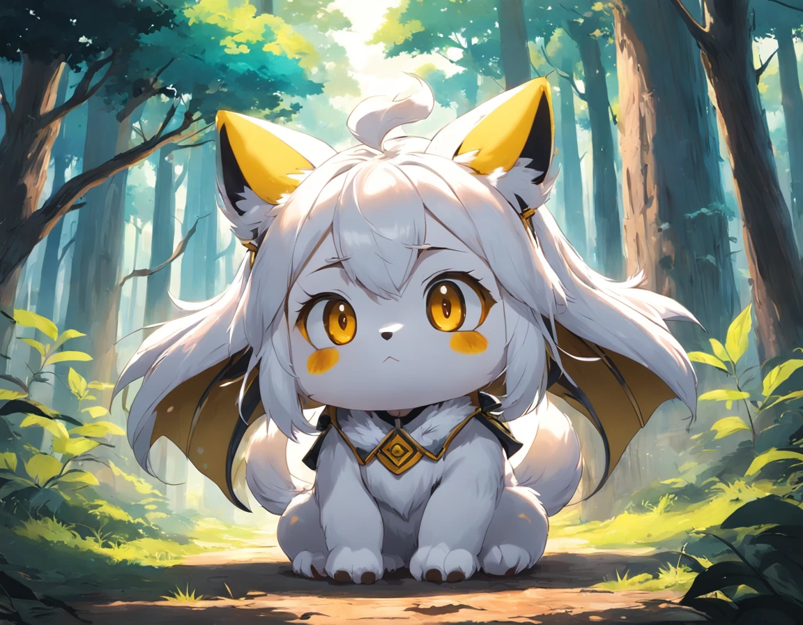 White and yellow mascot,It has the characteristics of eight uprisings culture,Distinctive features,Full body like,Rich in connotation,The background is woods, With unique creativity and design,Characteristics of the times Cute image,Great affinity and communicative power Cute little animal Furry,anime big breast,Contemporary art,UHD
