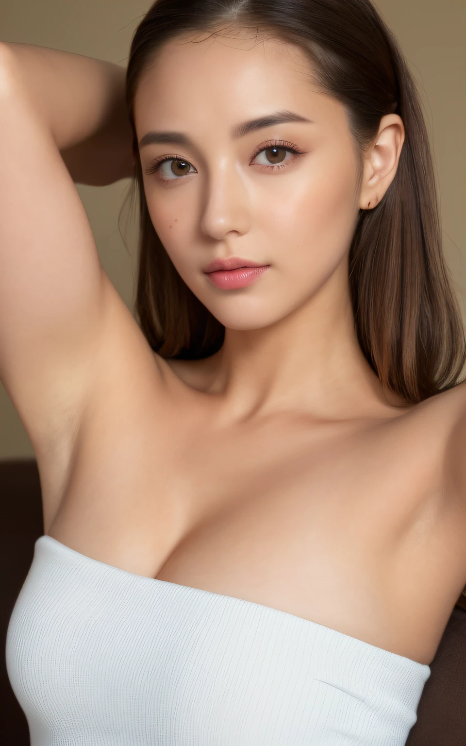 ((Armpit Pose、Armpit、Raise your hands to show your armpits、Detailed armpit wrinkles、Detailed skin texture、ciinematic light、top-quality、8K、​masterpiece:1.3))、1girl in、Beautiful woman with slender abs:1.2、(Ted White hair、small tits:1.3)、String panties、bura:1.2、Strapless、Seductive open lip、sofas、hyperdetailed face、A detailed eye、二重まぶた、high-ponytail Hairstyle、Brown hair、Latin blood、Seductive eyes