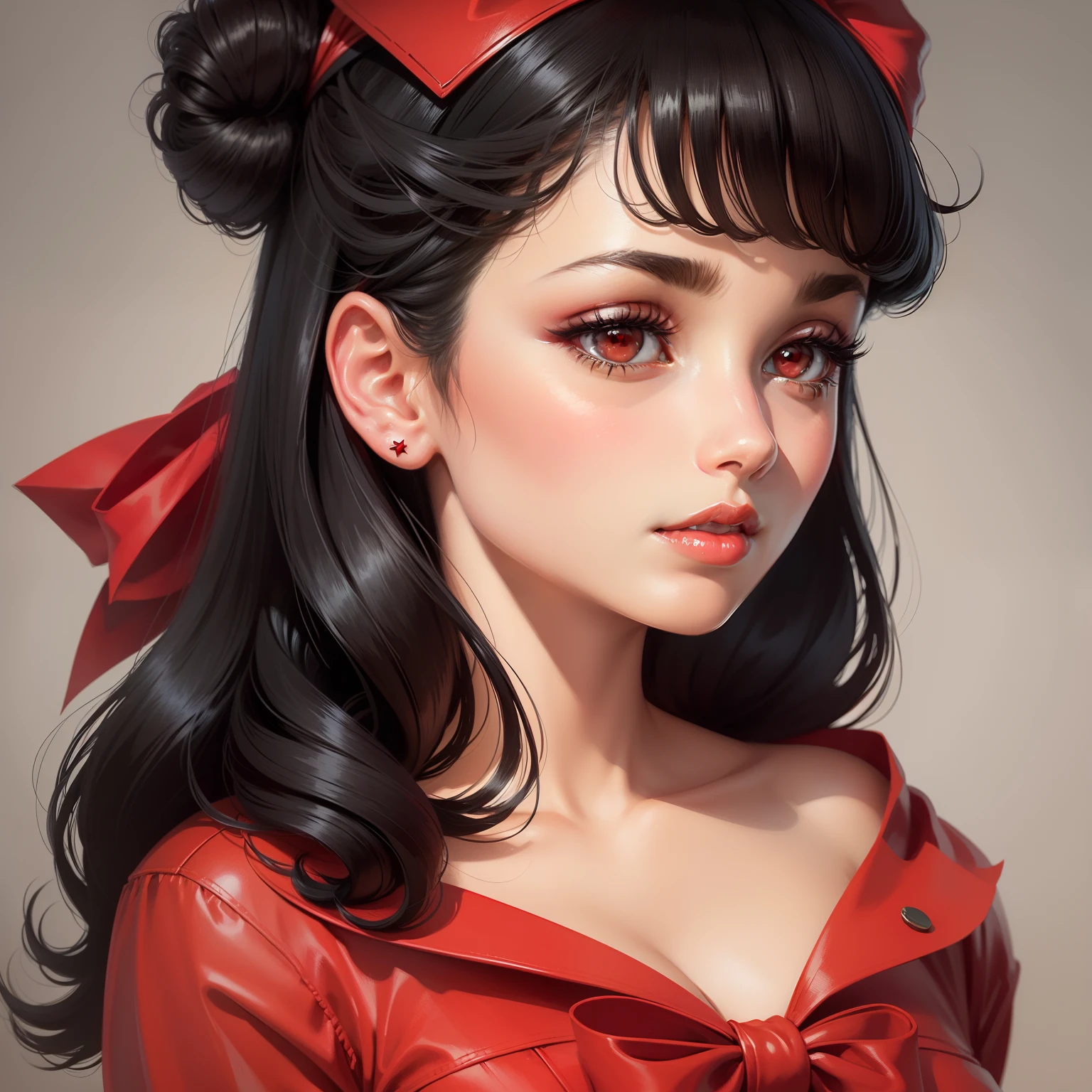 Make a brunette with Black Power hair a charismatic smile and a distant look and in her hair a red bow