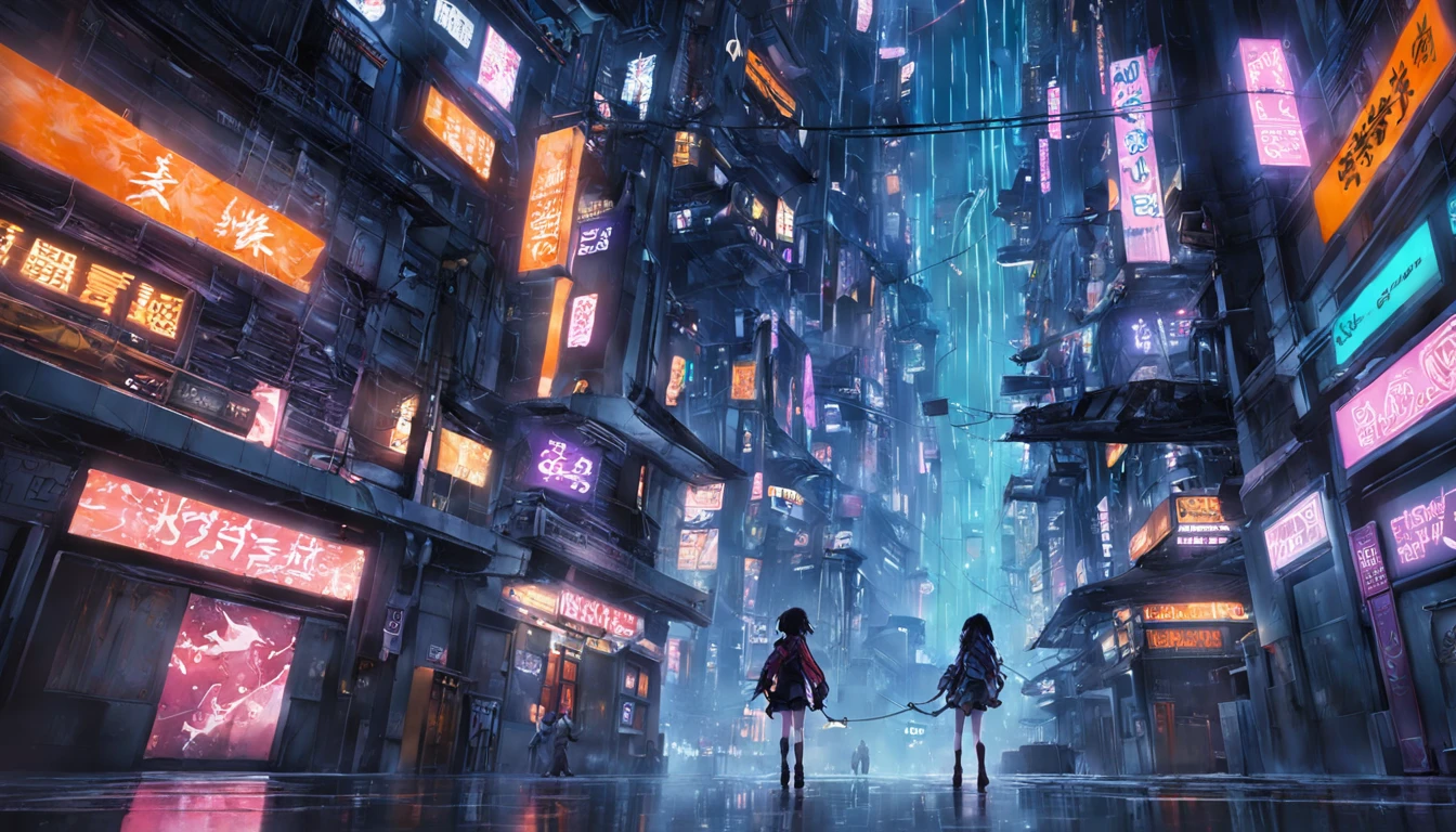 "obra maestra, mejor calidad, Still photography, una ciudad cyberpunk [ciberpunk], dos naves enormes volando sobre la ciudad [naves voladoras], es de noche y hay lluvia [noche lluviosa]".