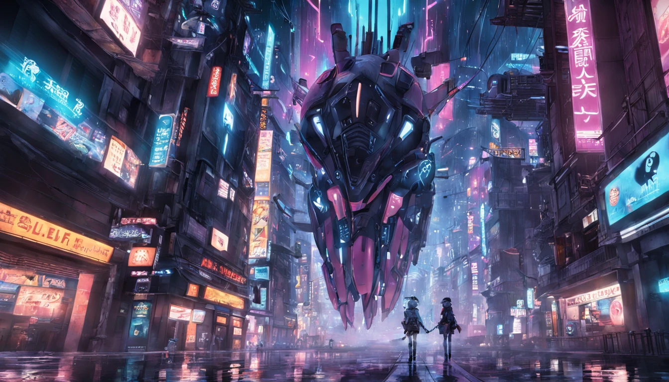 "obra maestra, mejor calidad, Still photography, una ciudad cyberpunk [ciberpunk], dos naves enormes volando sobre la ciudad [naves voladoras], es de noche y hay lluvia [noche lluviosa]".