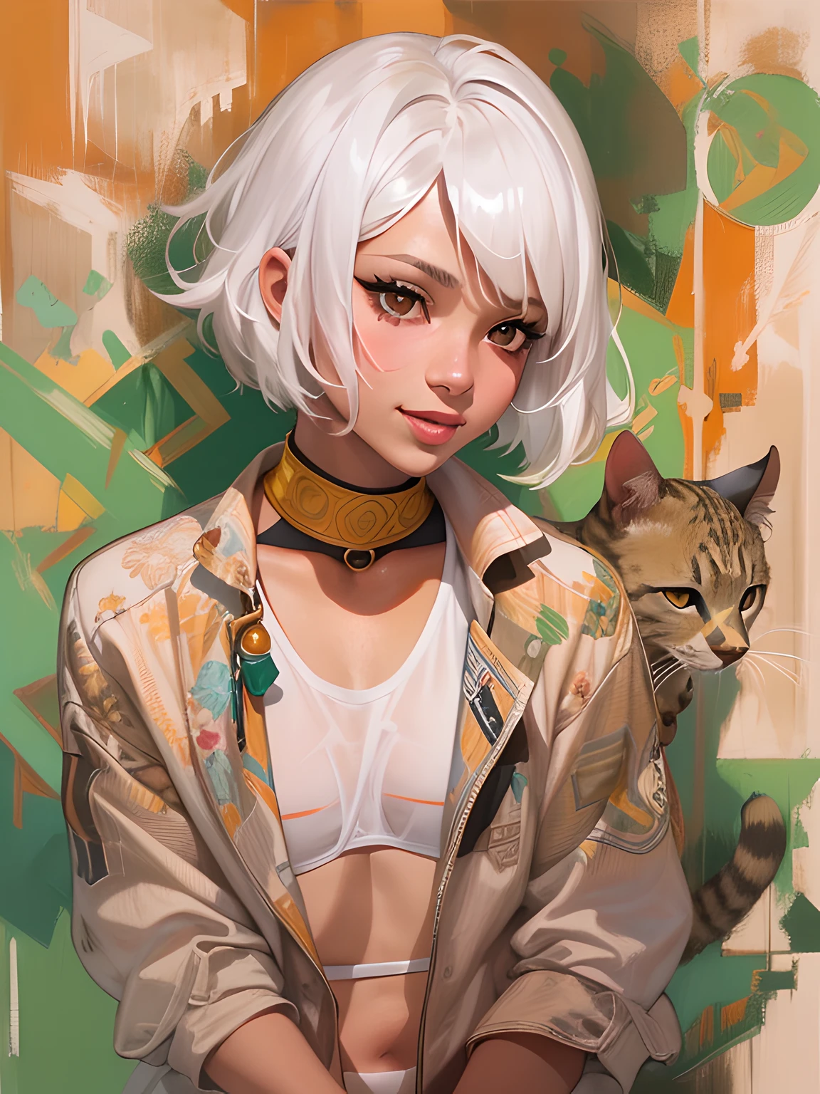 abstract 1998 european hiphop girl by sachin teng x supreme, attractive, stylish, designer, green, asymmetrical, geometric shapes, graffiti, street art,((Pixie cut)),((brown eyes color)),((honey eyes color)),(String Bikini),eyes make up, cat eyes eyeliner,shot from above,pokeh effect,(round face),((full shot)) short hair,silver hair, white hair,big smile,hands on back,