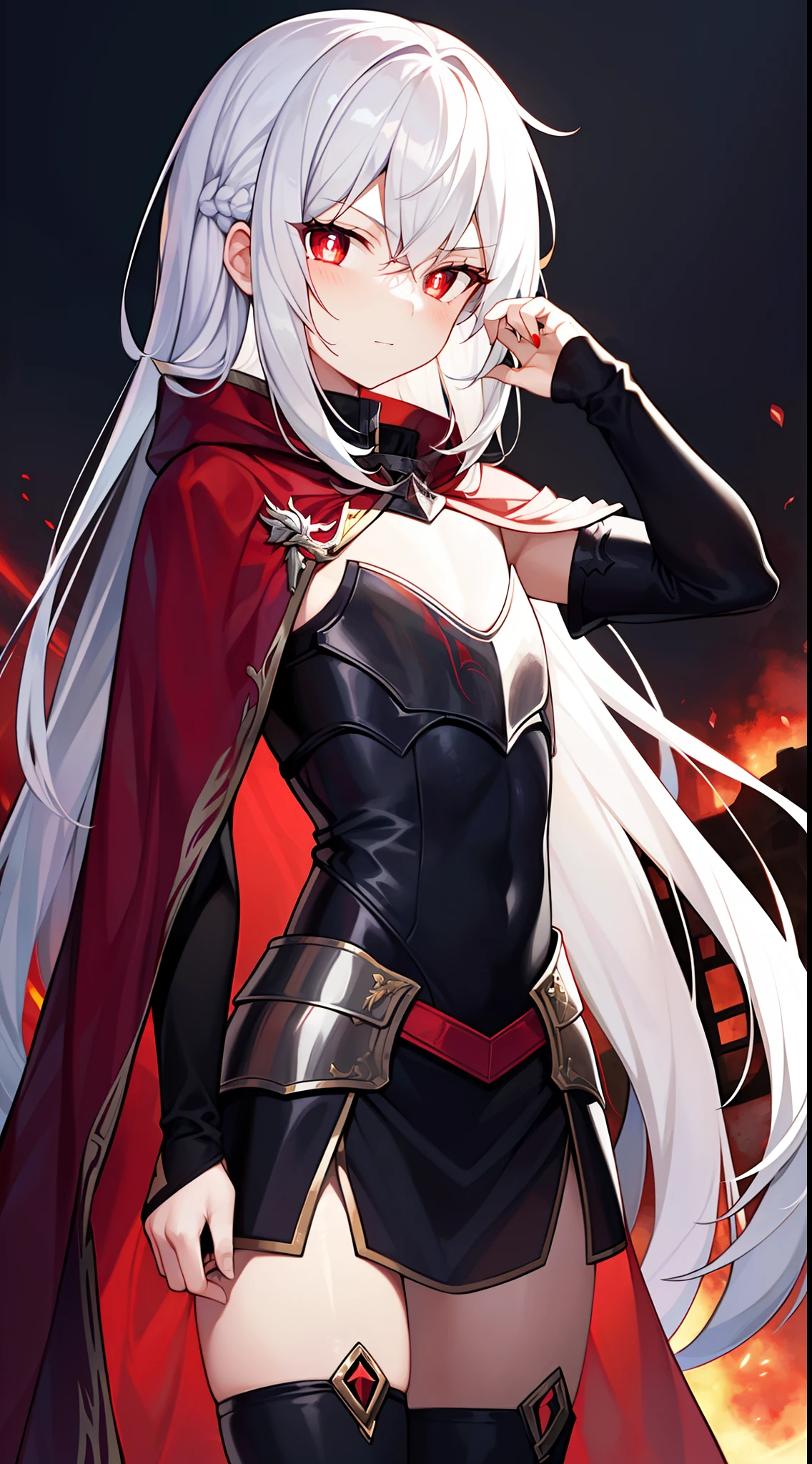 (Beautiful wallpapers) ，(evil theme)，(Girl with long white hair)，red pupils，(Black cloak and armor cover the whole body)，Dominate the disaster，(Handsome)，Flat chest，Red Storm，(A world shrouded in darkness)，Random background，The decline of the world，