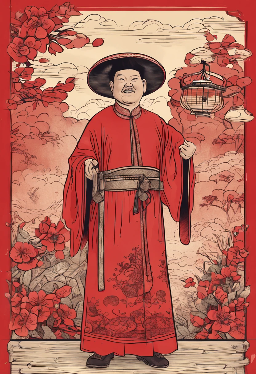A fat middle-aged man in Vietnam, wearing a hat, a bow tie, wearing a red Mid-Autumn Festival costume, Pixar, full body, pure front, right hand holding a lantern stretching forward, feeling the light, Detail optimized, red background bulge