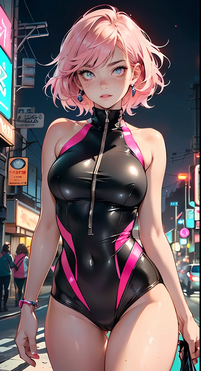 sporty girl,(((1girl))),((anime girl with bubblegum pink hair and freckles,extremely cute and gorgeous seductively walking down the street)),

(large breasts:1.4),saggy breasts,(((bubblegum pink hair:1.35,straight hair,long hair:1.4,colored inner hair,ear breathing))),((heterochromia,eye1 pink,eye2 azul,perfect eyes,upturned eyes:1.3,beautiful detailed eyes,finely detailed beautiful eyes:1,big highlight on eyes:1.2,slanted eyes)),((fat)),(((freckles on the face,freckles,freckled girl))),(((lustrous skin:1.5,bright skin: 1.5,skin tanned,shiny skin,very shiny skin,shiny body,plastic glitter skin,exaggerated shiny skin))),(spider lower abdomen,narrow waist,wide hip,athletic body,inflated legs,delicate detailed fingers,detailed body,detailed arms,human hands,(detailed face)),

cute,slutty,seductive,erotic,(((nsfw))),

((one-piece_swimsuit magenta)),(wearing a one-piece_swimsuit outfit:1.3),(detailed outfit,detailed clothes),

(dynamic pose:1.0),embarrassed,centered,scale to fit dimensions,Rule of thirds,

outdoors,((night view)),(very pretty city neon synthwave,cyberpunk night street Background:1.5,dark sky,thick clouds),future vehicles,((neon lights)),thick clouds,(cyberpunk style,neon lights, (synthwave theme background), lonely street),(((detailed background:1.25))),

(best quality),(high resolution),(sharp focus),(ultra detailed),(extremely detailed),(extremely high quality artwork),8k_wallpaper,(extremely detailed CG 8k),(very fine 8K CG),((hyper super ultra detailed perfect piece)),flawless,(((masterpiece))),illustration,vibrant colors,(intricate),High contrast,Selective lighting,Double exposure,HDR (High Dynamic Range),Post-processing,Background blur,