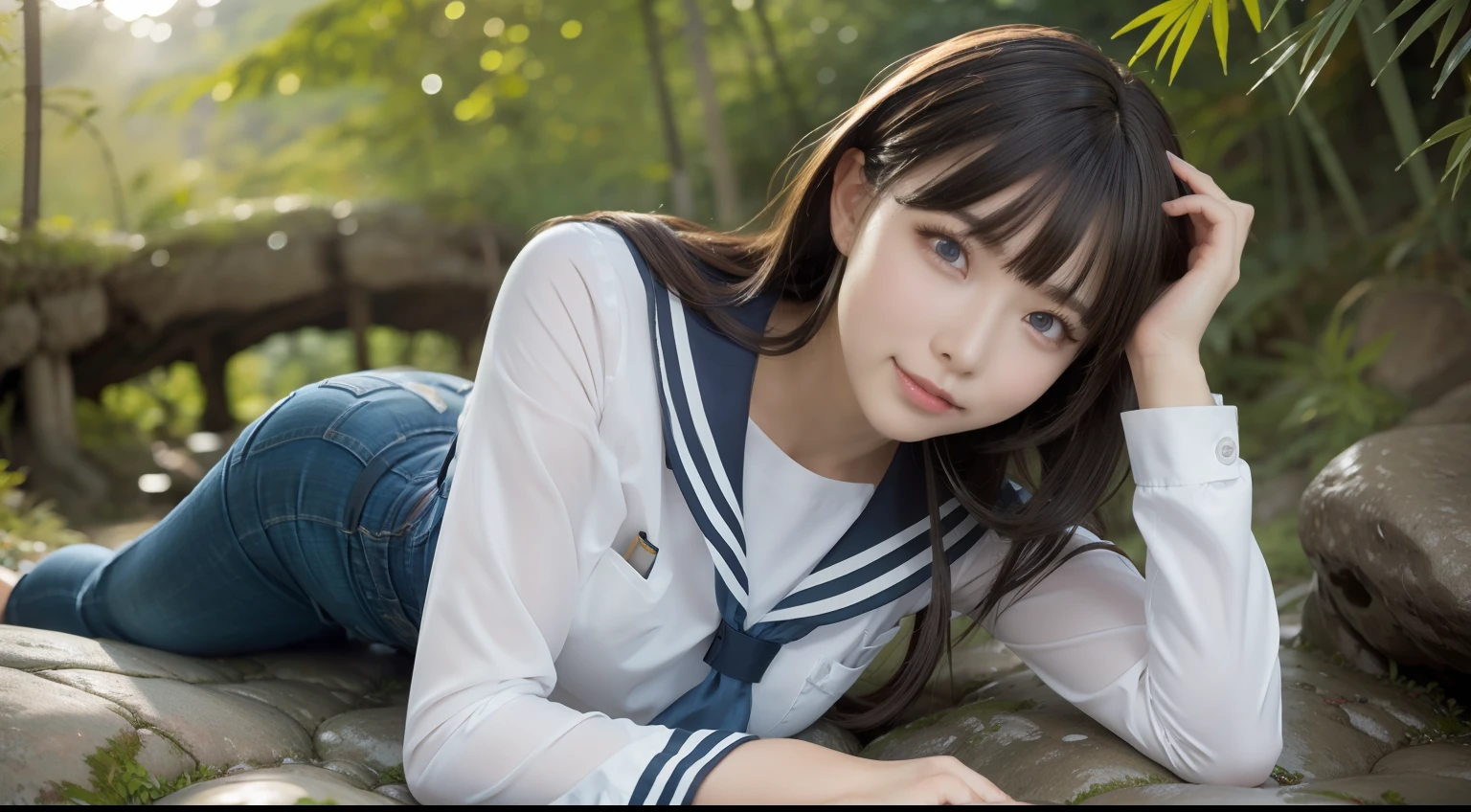 a pregirl，ssmile, looking at viewert, sailor uniformm,skintight jeans，photore, realisticlying, Best quality at best, employee, 详细的脸，Lying on a large mossy stone in a bamboo forest， diffuselighting, depth of fields