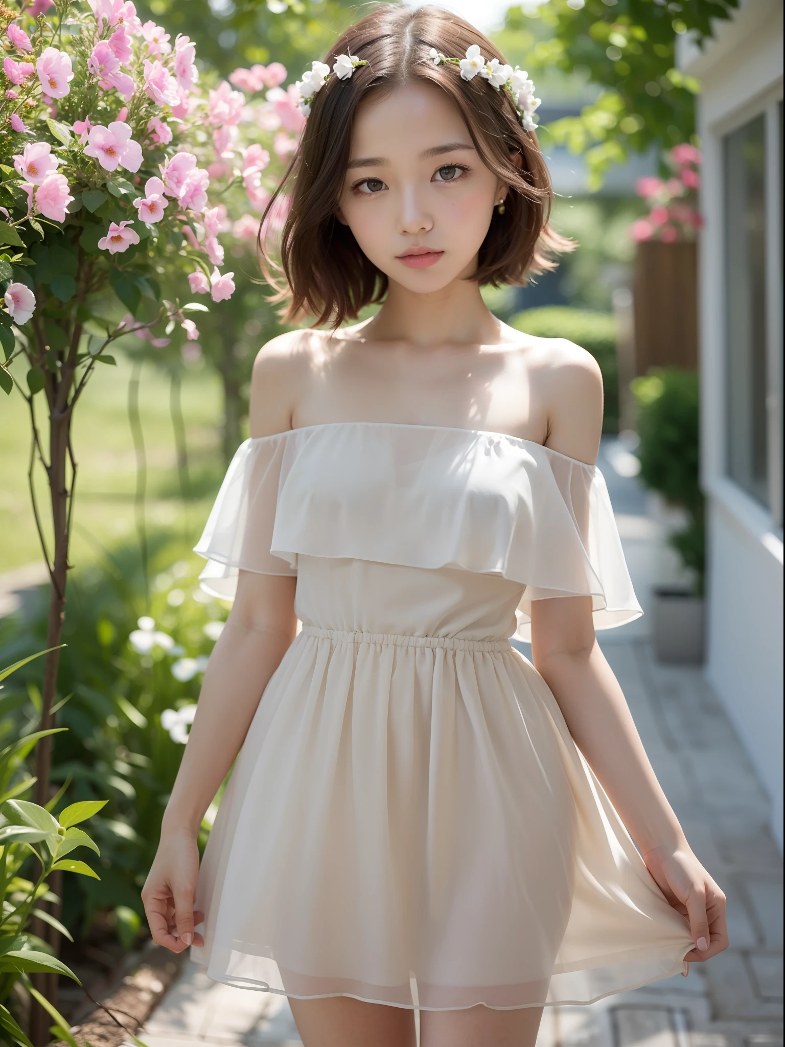 ((of the highest quality, 8K, masutepiece: 1.3, Raw photo)), Sharp Focus: 1.2, (1 AESPA Girl :1.1), (Solo: 1.2), (Realistic, Photorealistic: 1.37), (Face Focus: 1.1), Cute face, hyper detailed face, Small breasts, flat chest, Short messy hair, Small Smile, (white off-shoulder chiffon dress:1.3), sitting, garden, Glory lily