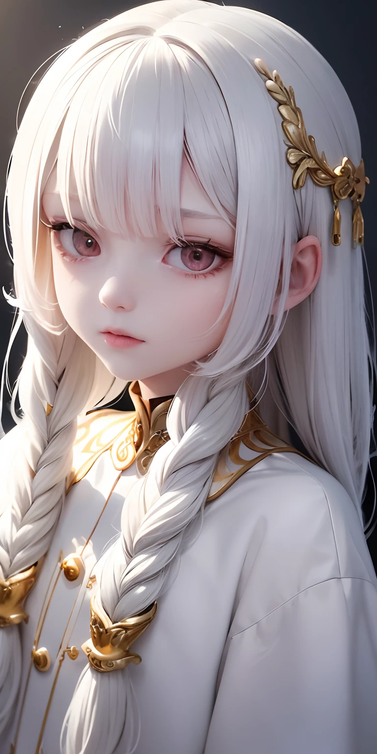 best quality, masterpiece,white hair, gold eyes,white clothes, looking up, upper body,hair strand,Fair skin,side braids