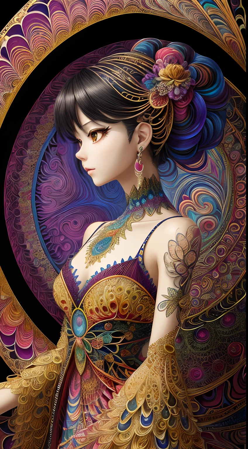 (masterpiece, top quality, best quality, official art, beautiful and aesthetic:1.2), (1girl:1.3), extremely detailed,(fractal art:1.2),colorful,highest detailed,(zentangle:1.2), (dynamic pose), (abstract background:1.5), (treditional dress:1.2), (shiny skin), (many colors:1.4), upper body, masterpiece, best quality,high quality,highres, 16K,RAW,ultra highres,ultra details,finely detail,an extremely delicate and beautiful,extremely detailed,real shadow, anime,highly detailed painted,award winning glamour paintting,wonderful paintting,art style,stylized,