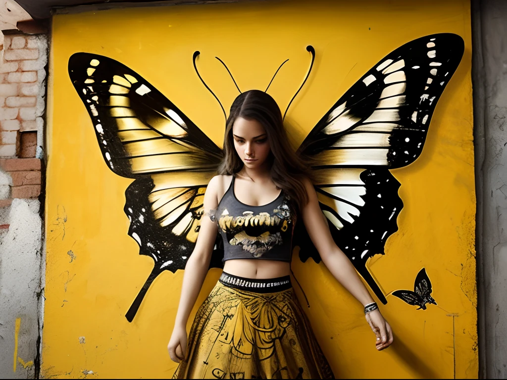 graffiti art of a woman with a butterfly on a yellow wall, inspired by Brad Kunkle, tutu, russ mills, hip skirt wings, by andrey gordeev --auto