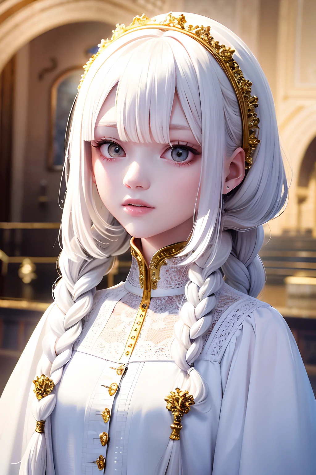 best quality, masterpiece,white hair, gold eyes,white clothes, looking up, upper body,hair strand,Fair skin,side braids