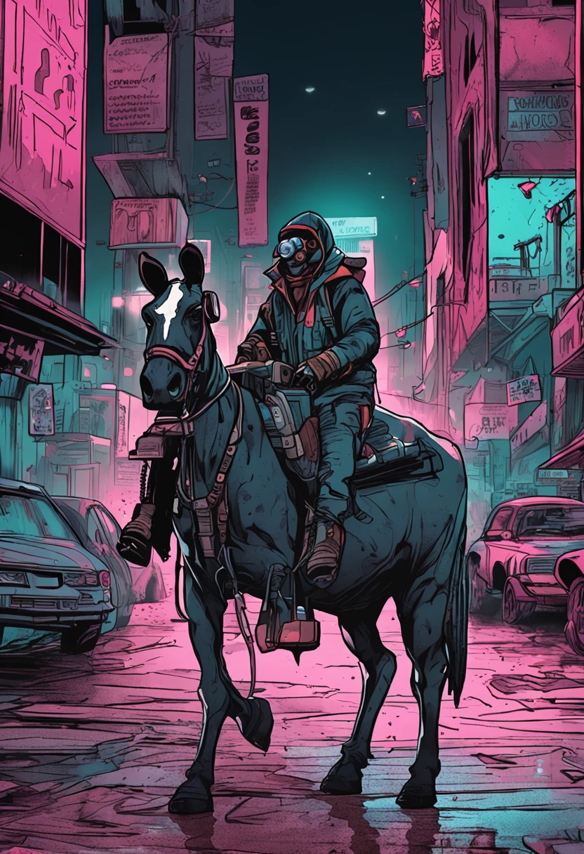 Cows and horses with hoods walk in the night scene of cyberpunk