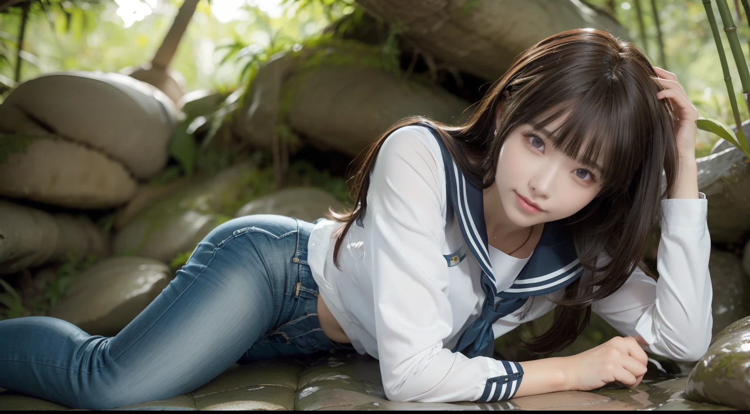 a pregirl，ssmile, looking at viewert, sailor uniformm,skintight jeans，photore, realisticlying, Best quality at best, employee, 详细的脸，Lying on a large mossy stone in a bamboo forest， diffuselighting, depth of fields