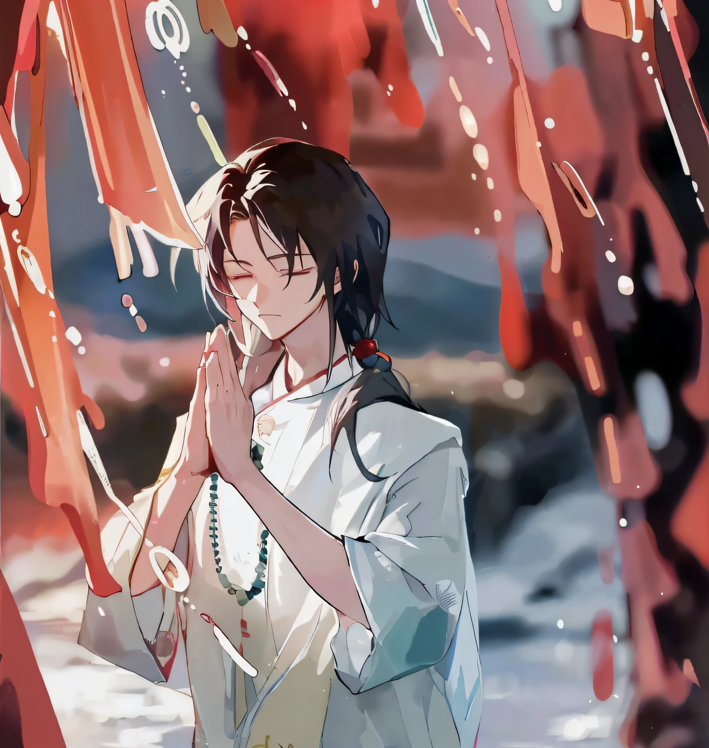 The long-haired boy was praying with his hands folded,Buddha beads on his hands, handsome guy in demon killer art, romanticism lain, flowing hair and long robes, anime wallaper, 4k manga wallpapers, anime beautiful peace scene, shuushuu anime image, Makoto Shinkai Cyril Rolando, from kenshin, made with anime painter studio, High-quality fanart