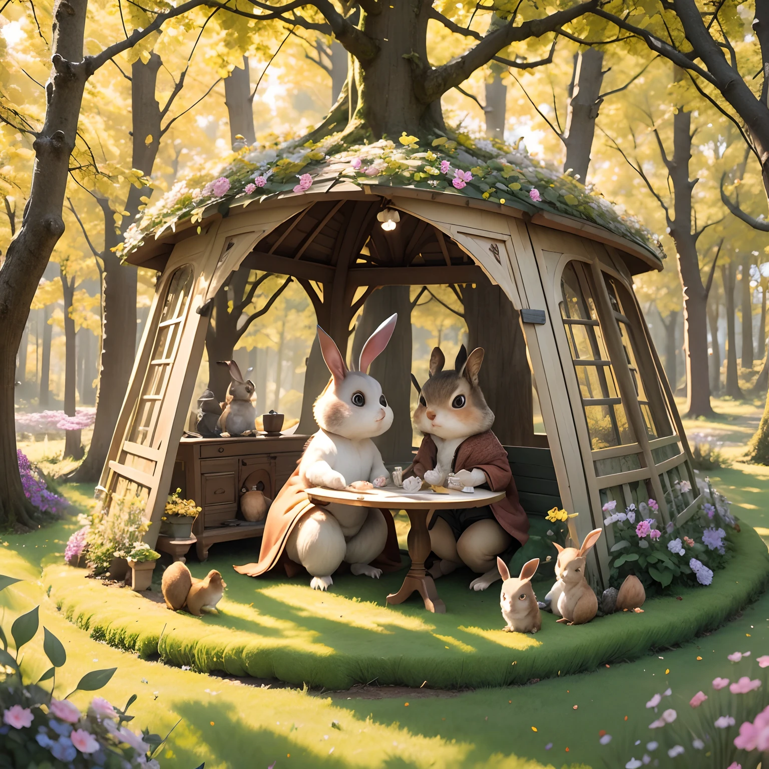once upon a time, In the Enchanted Forest, There were some cute animals, Like a rabbit, a squirrel, An owl and a gentle bear named Ben. All animals are friends、We were taking care of each other. One day, While they play, They found a mysterious letter that said: "Dear Friends,, Come to the glade next to a large tree for a special surprise!.