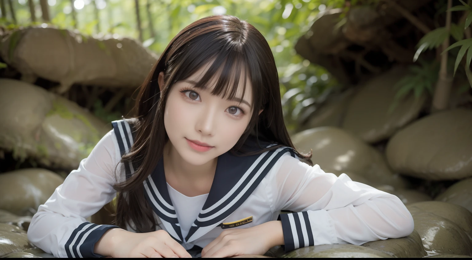 a pregirl，ssmile, looking at viewert, sailor uniformm,skintight jeans，photore, realisticlying, Best quality at best, employee, 详细的脸，Lying on a large mossy stone in a bamboo forest， diffuselighting, depth of fields