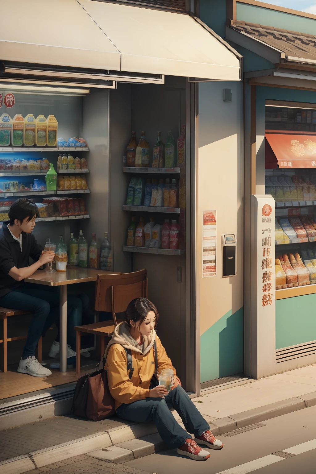 In front of the convenience store,A customer sits at a table drinking a drink,The background is a convenience store,autumnal,Top-down supervision