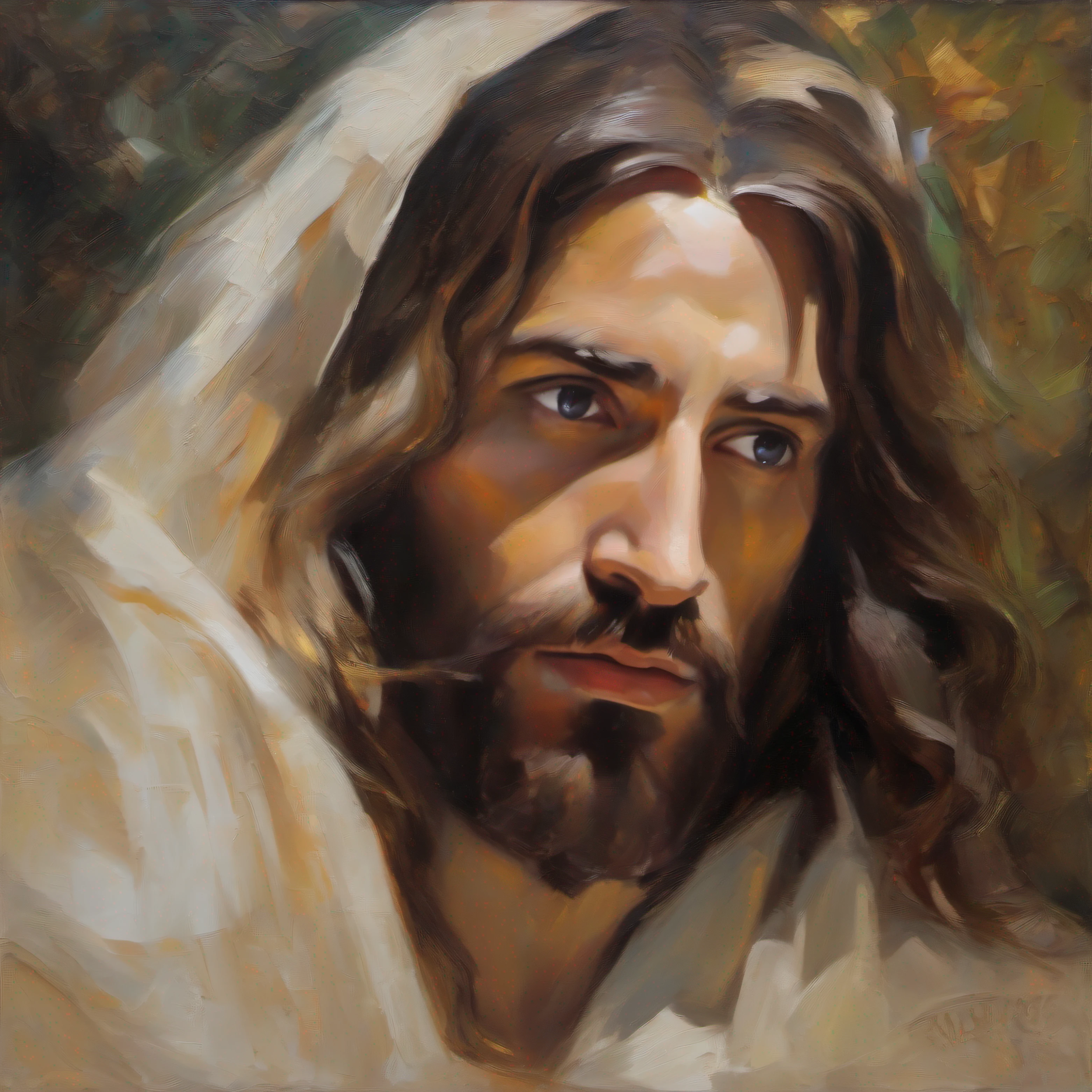 An abstract painting of Jesus, very detailed, great brushwork, he has a sad look on his face, this is a close-up portrait oil on canvas in John Singer Sargent style, fine art, masterpiece  - a very emotional response. All my artworks are created with love, passion and dedication in mind. I hope this painting of Jesus will bring peace and joy to those who view it. Thanks for your interest in my art! 

I am proud to tell you that all of my artwork is hand-painted using professional oil paints and canvases. My technique involves