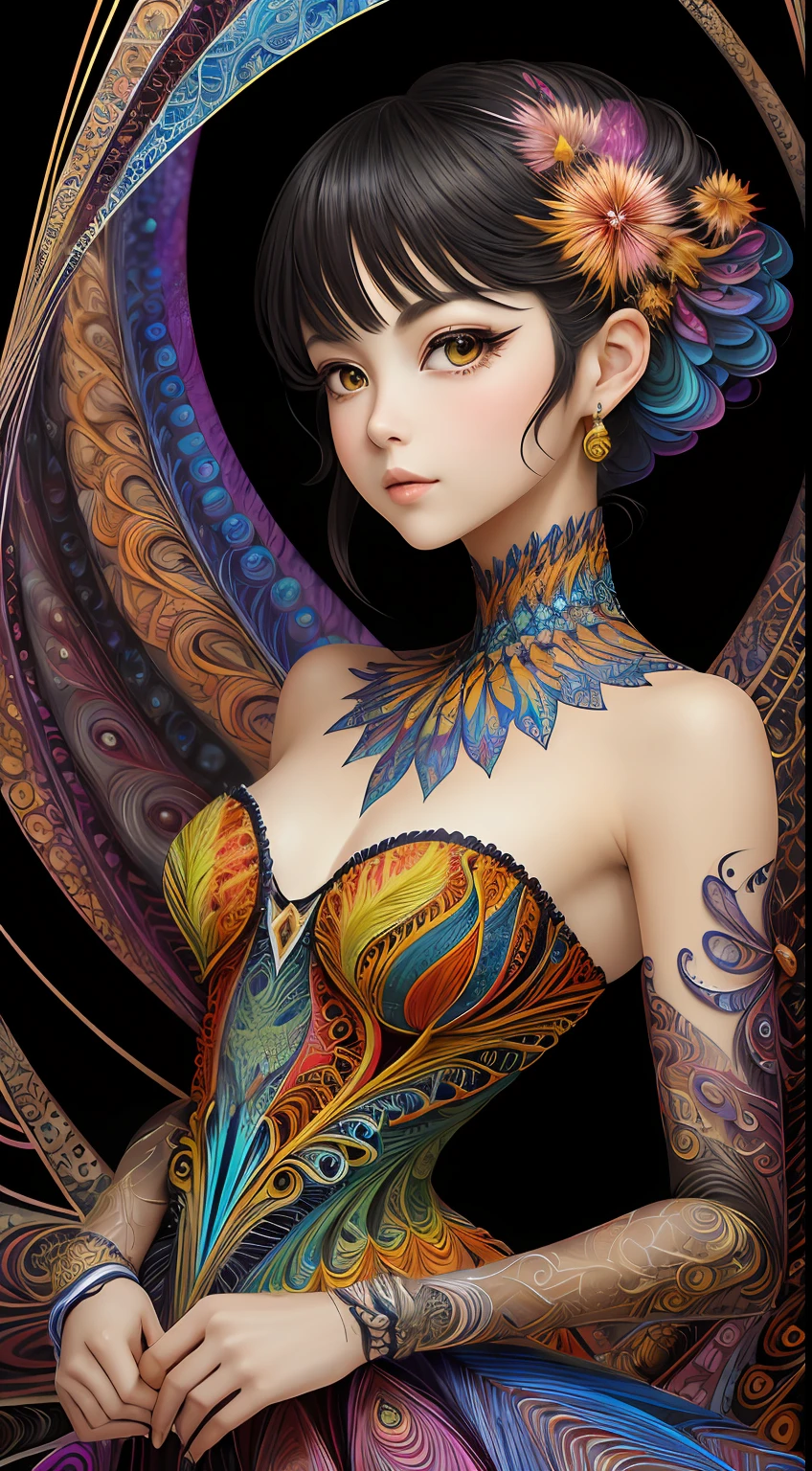 (masterpiece, top quality, best quality, official art, beautiful and aesthetic:1.2), (1girl:1.3), extremely detailed,(fractal art:1.2),colorful,highest detailed,(zentangle:1.2), (dynamic pose), (abstract background:1.5), (treditional dress:1.2), (shiny skin), (many colors:1.4), upper body, masterpiece, best quality,high quality,highres, 16K,RAW,ultra highres,ultra details,finely detail,an extremely delicate and beautiful,extremely detailed,real shadow, anime,highly detailed painted,award winning glamour paintting,wonderful paintting,art style,stylized,