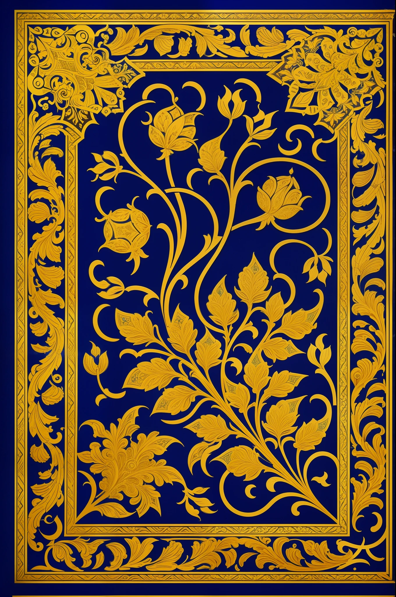 Vintage Illustration, golden ornamnet, dark blue, Ancient ornamental illustration, 12 century, 1000ad, ancient ornament border, extremely detailed, rustic, 8k, 16k, amazing resolution, extremely sharp, detail, masterpiece