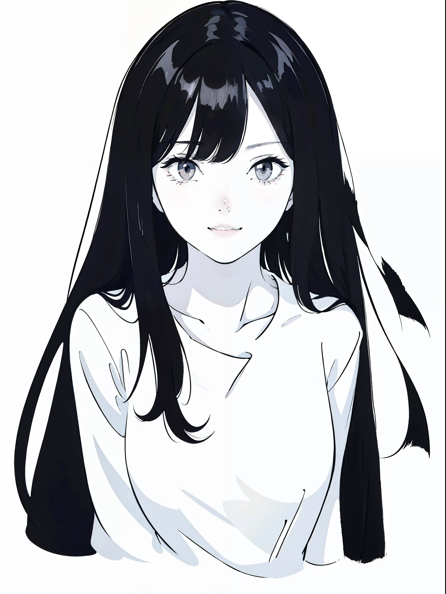 anime girl with long black hair and a white shirt,((black and white portrait)),black and white picture,Smile,minimalist painting,Simple strokes,messy  hair,Shy,Pure white shirt,Heavy makeup,Headshot,Put lipstick on one's mouth,Side Body