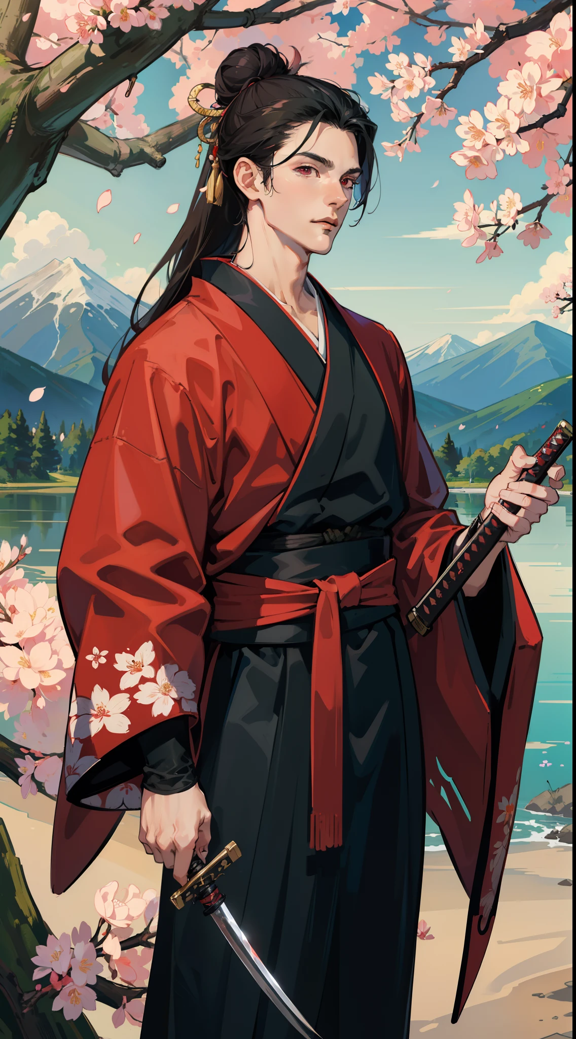 Masterpiece, best quality, 4K wallpaper, 2D illustration, HDR, 1 man, male models, male focus, tall muscular guy, long black hair, one bun hair, red eyes, wearing kimono (no belt), 1 hand's holding a katana sword, look down, looking at the viewer, mountainous landscape, blooming flower, cherry blossom, flying petals and leaves