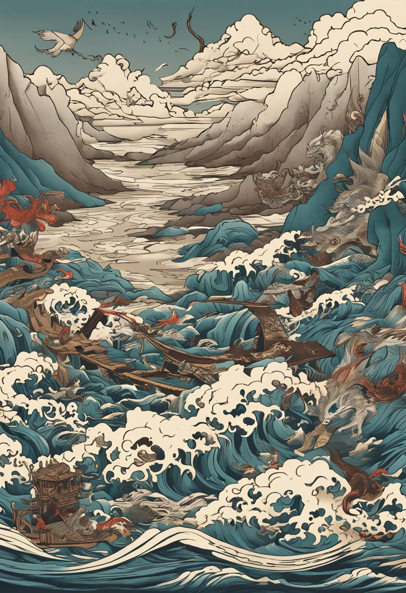 Yamakawa,rios,Sun,Mountain and Sea Lark Scroll,Ancient mythology of the Mountain and Sea Sutra,mythological beasts,Epic composition,shadowing,National style