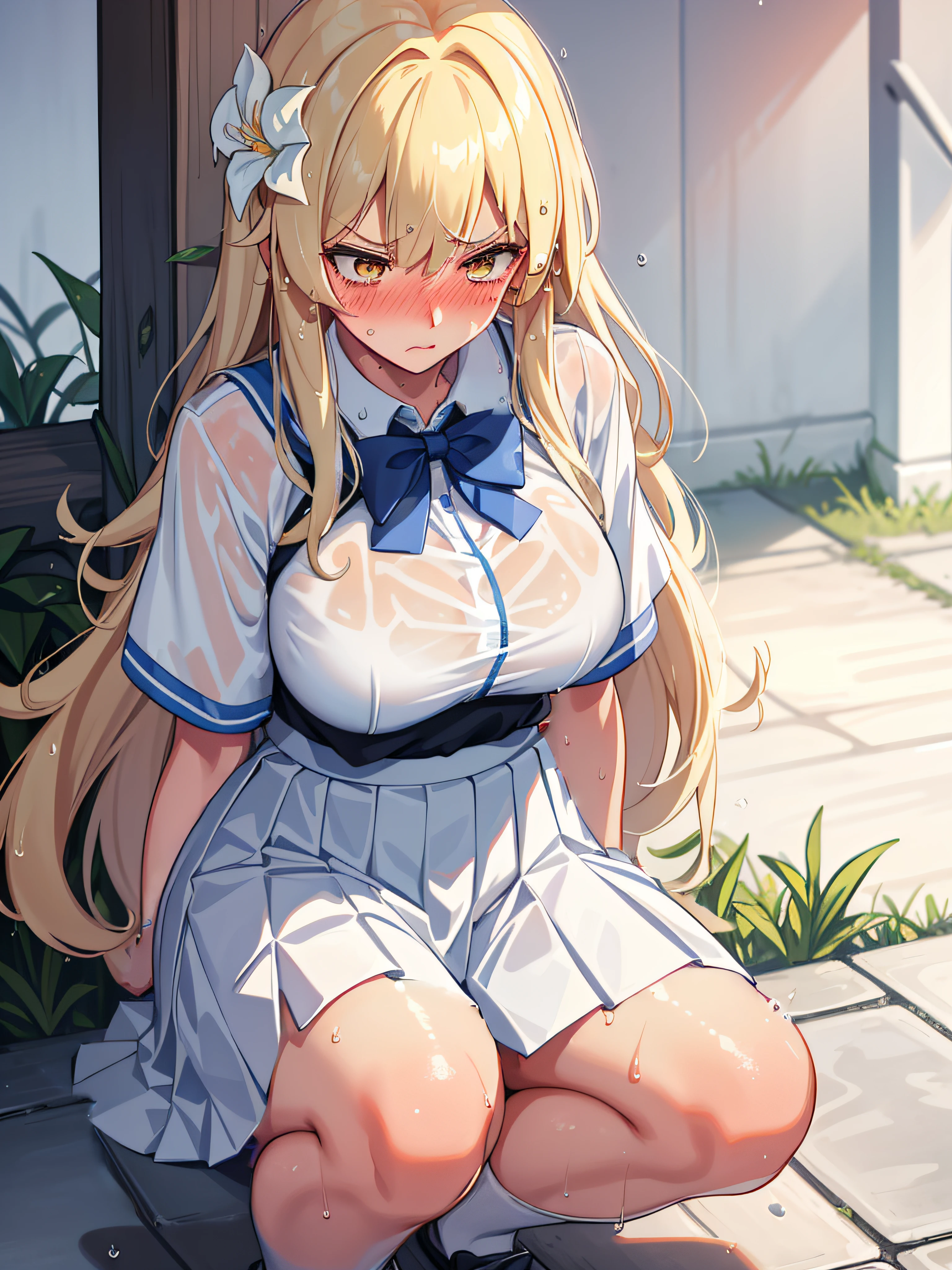 white shirt, (wet shirt), serafuku, schoolgirt uniform, summer uniform, drench shirt, huge breasts, (huge tits), sky-blue skirt, short miniskirt, very short skirt, (drench skirt), (wet skirt), light skin, bare thigh, (very short skirt)