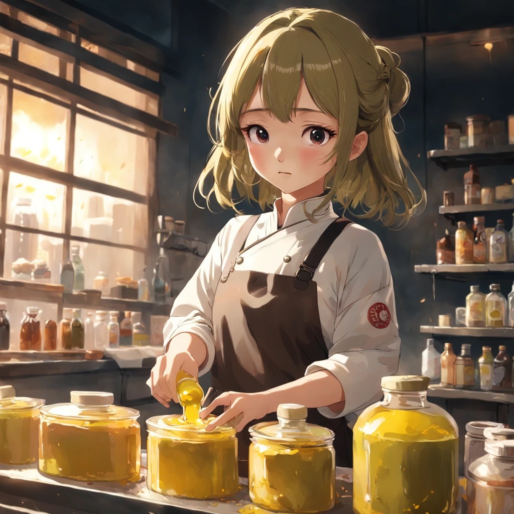 A Korean girl makes a cake,She holds a bottle of olive oil in her hand。