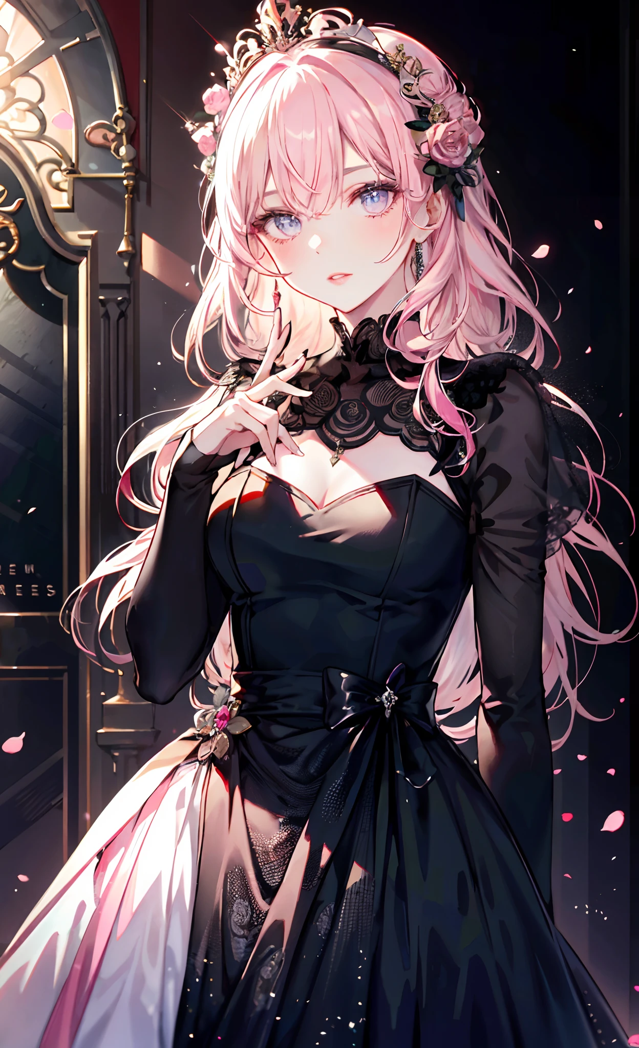 meticulous portrayal of face,1 noblewoman,a matural female,Black dress long dress,(Pink White Long Hair),(dark night background+),Prom,Court etiquette, s the perfect face, perfect hand, Perfect Finger, Perfect lips, perfect eyes, Perfect background