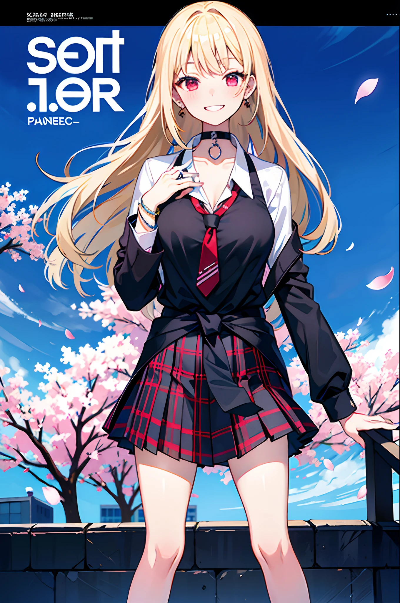 masterpiece, best quality, full body,
1girl, bangs, black choker, black necktie, blonde hair, blue skirt, blush, bracelet, breasts, choker, clothes around waist, collarbone, collared shirt, cowboy shot, dress shirt, ear piercing, eyebrows visible through hair, gradient hair, grin, gyaru, jewelry, kogal, long hair, looking at viewer, loose necktie, necktie, piercing, plaid, plaid skirt, pleated skirt, red eyes, ring, school uniform, shirt, skirt, smile, solo, white shirt,
street, sky, cherry blossoms, petals,illustration, (magazine:1.3), (cover-style:1.3), fashionable, woman, vibrant, outfit, posing, front, colorful, dynamic, background, elements, confident, expression, holding, statement, accessory, majestic, coiled, around, touch, scene, text, cover, bold, attention-grabbing, title, stylish, font, catchy, headline, larger, striking, modern, trendy, focus, fashion,